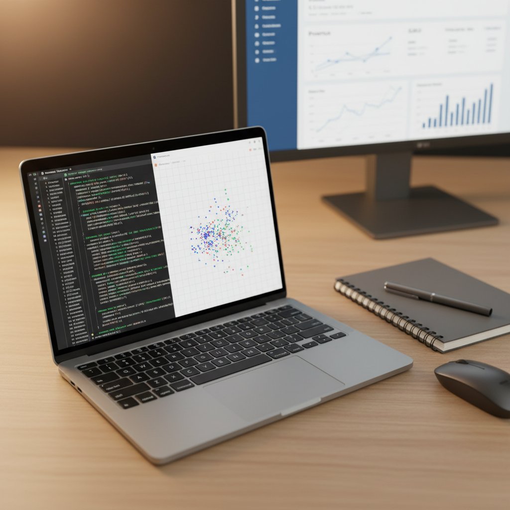 A close-up, overhead photographic view of a modern laptop on a light oak desk, its screen filled with dense Python code for a machine learning model and a colorful scatter plot visualizing clustered data. Beside the laptop lies a graphite-gray notebook with a metal pen aligned perfectly on top, and a minimalist wireless mouse. In the blurred background, a large monitor shows a clean business intelligence dashboard of KPIs and trend lines. Soft, warm studio lighting creates subtle shadows and a calm, analytical mood. The composition uses rule of thirds with sharp focus on the laptop and code, emphasizing precision and technical expertise.