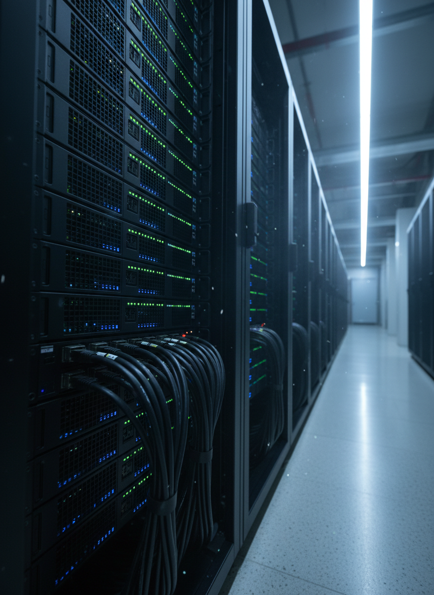 An elegant server rack interior captured from a low, slightly angled perspective, filled with matte-black machines whose indicator LEDs glow in organized patterns of green and blue. In the foreground, thick network cables are meticulously routed, creating clean, parallel lines that lead the eye deeper into the image. The environment is a dim, climate-controlled data center with cool, directional lighting casting crisp highlights along metal edges and subtle reflections on polished floor tiles. Photographic realism with deep focus emphasizes order, reliability, and the infrastructure powering large-scale machine learning and business intelligence systems.